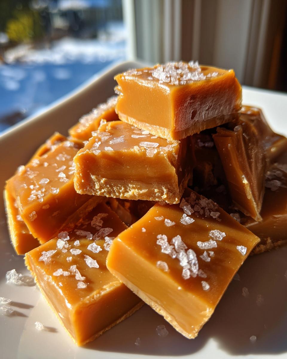 Close-up of rich, chewy salted caramel squares topped with flaky sea salt, ready to eat.
