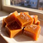 Close-up of homemade, chewy caramel squares topped with flaky sea salt, catching the sunlight.