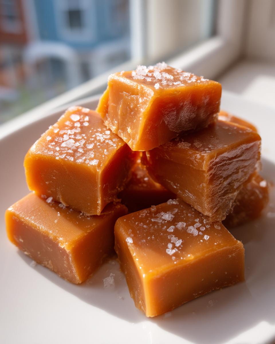 A stack of soft, chewy salted caramel squares sprinkled with flaky sea salt.