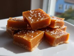 Close-up of homemade salted caramel squares sprinkled with sea salt, stacked on a white plate.