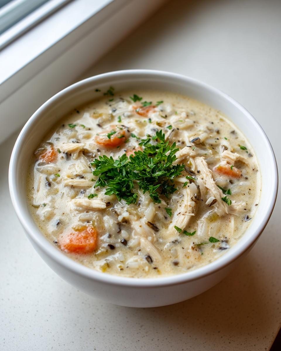Close-up of a creamy chicken and wild rice soup garnished with fresh parsley.
