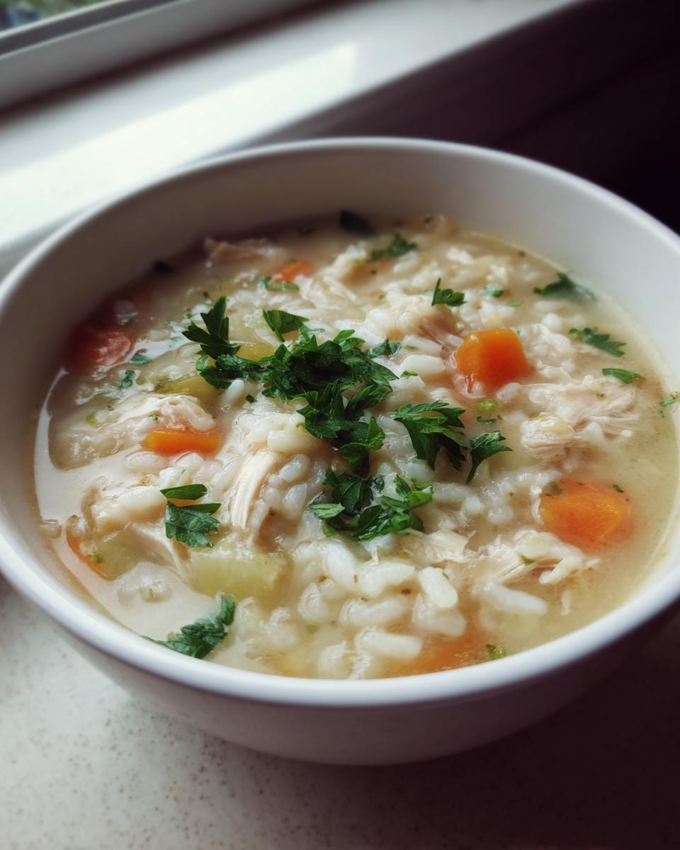 Close-up of a white bowl filled with savory rice soup, featuring shredded chicken, carrots, and fresh parsley garnish.
