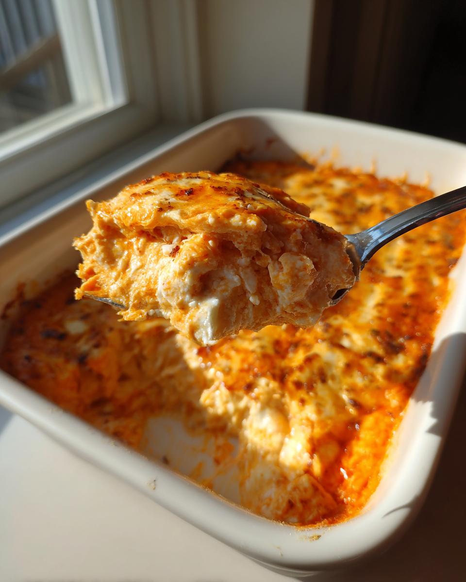 A spoonful of hot, creamy Buffalo chicken dip being lifted from a white baking dish near a window.