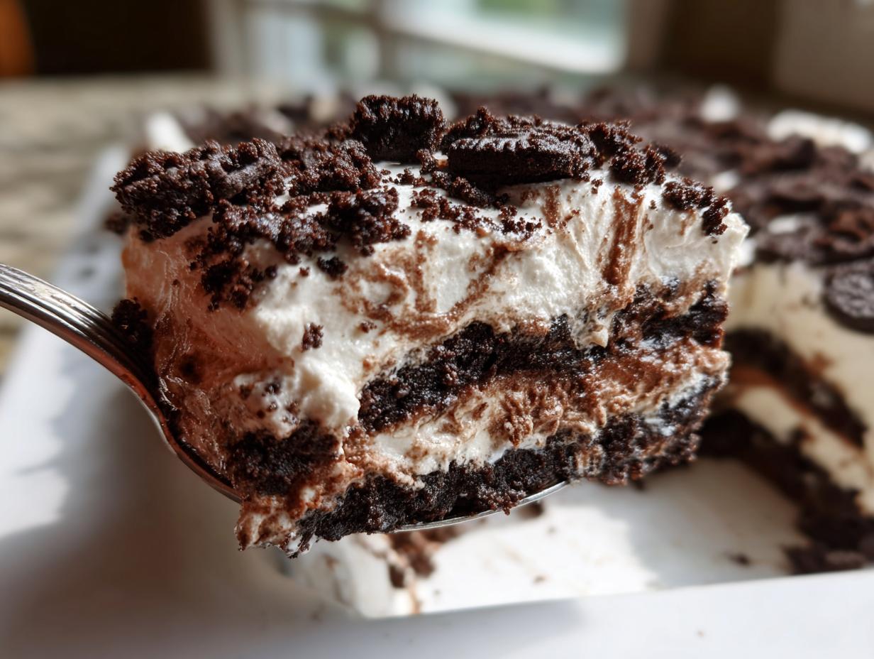 A spoonful of layered Oreo dirt cake showing rich chocolate layers and creamy white filling, topped with cookie crumbs.
