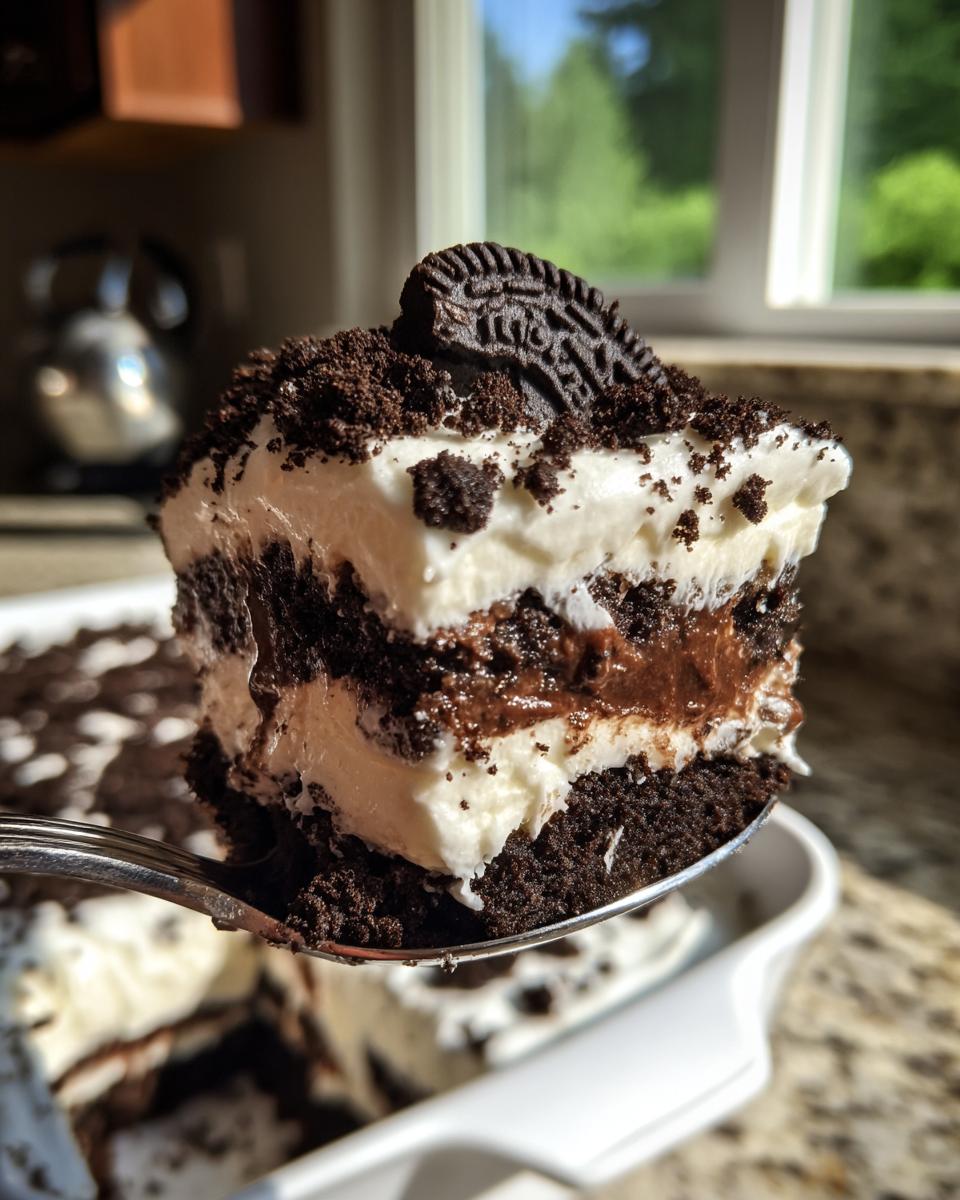 A spoonful of layered Oreo dirt cake featuring cream, chocolate pudding, and cookie crumbs, topped with an Oreo.