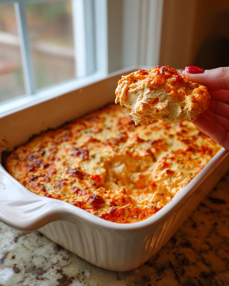 A hand scoops a generous portion of hot, cheesy Buffalo chicken dip from a white baking dish.