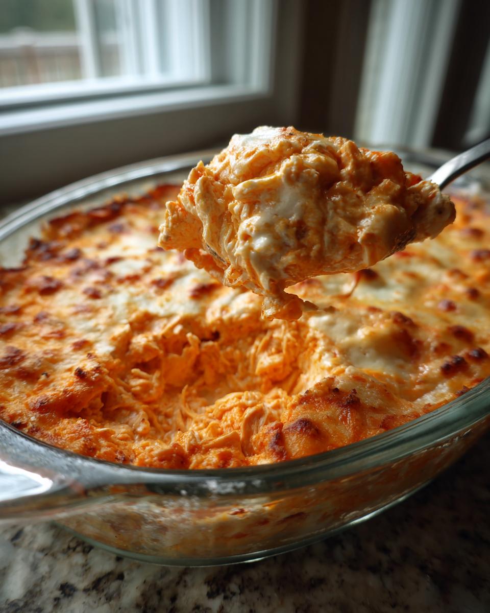 A spoonful of creamy, cheesy Buffalo chicken dip being lifted from a hot, baked glass dish.