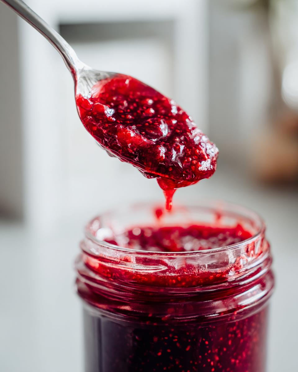A spoonful of vibrant, seed-filled red christmas jam dripping back into an open glass jar.