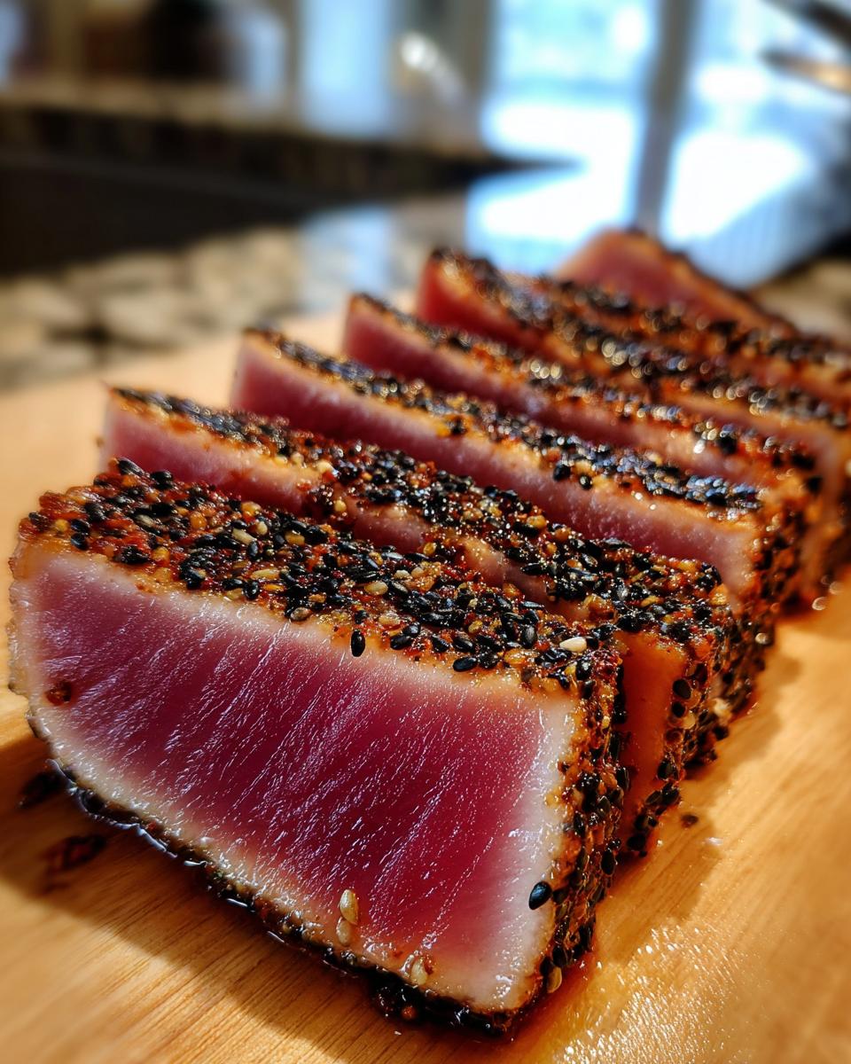 Close-up of perfectly seared ahi tuna, crusted with black and white sesame seeds, sliced on a wooden board.