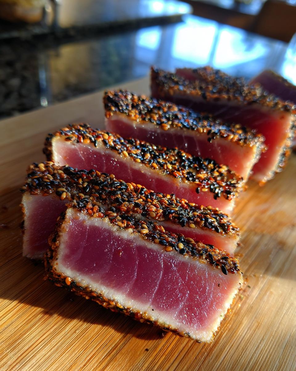 Close-up of perfectly cooked Seared Ahi Tuna, sliced thick and crusted with black and white sesame seeds.