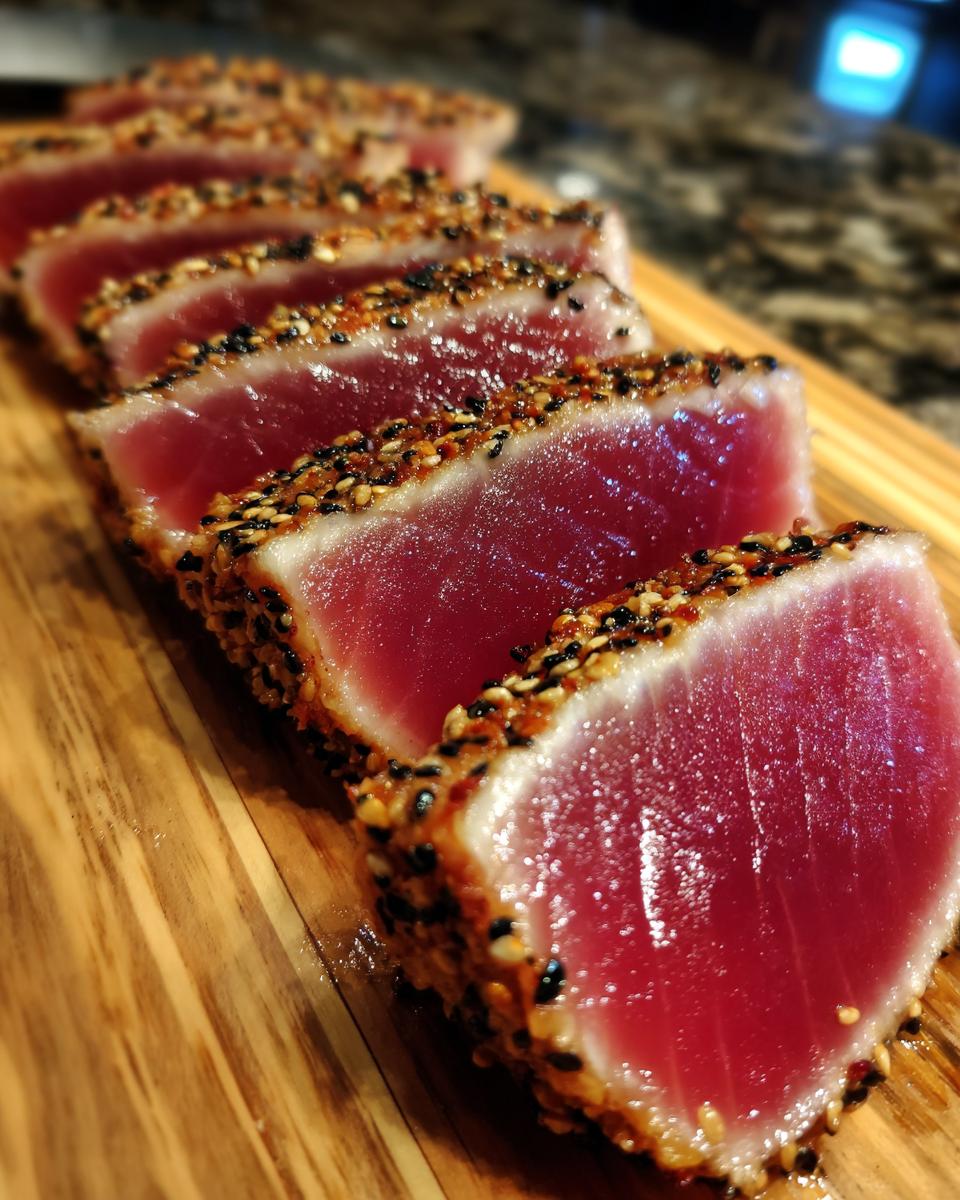 Close-up of perfectly seared Ahi Tuna slices, crusted with sesame seeds, showing a rare, deep red interior.