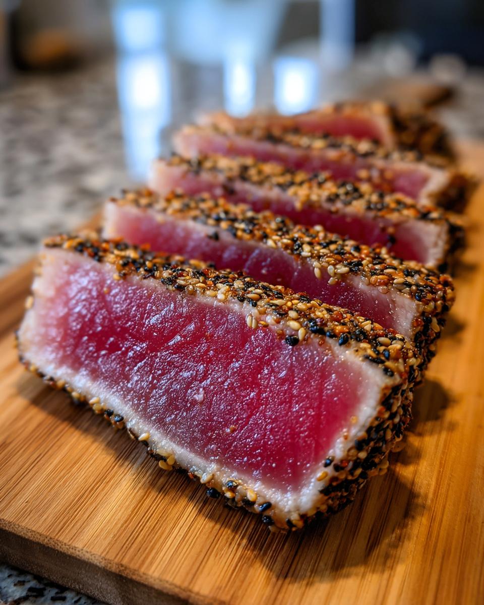 Close-up of perfectly seared ahi tuna steaks, sliced to show the rare red center and sesame seed crust.