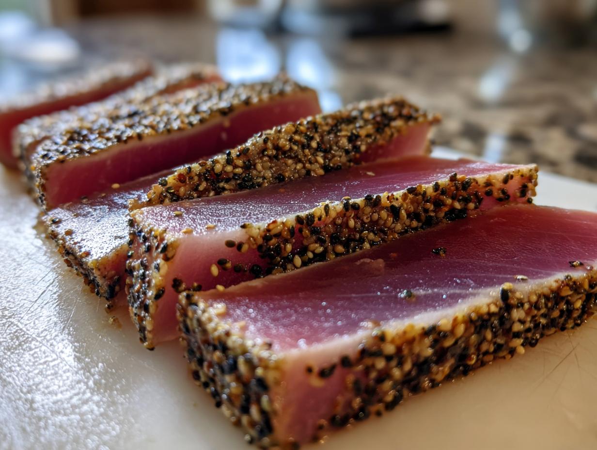 Close-up of thick slices of perfectly seared ahi tuna, crusted with black and white sesame seeds.