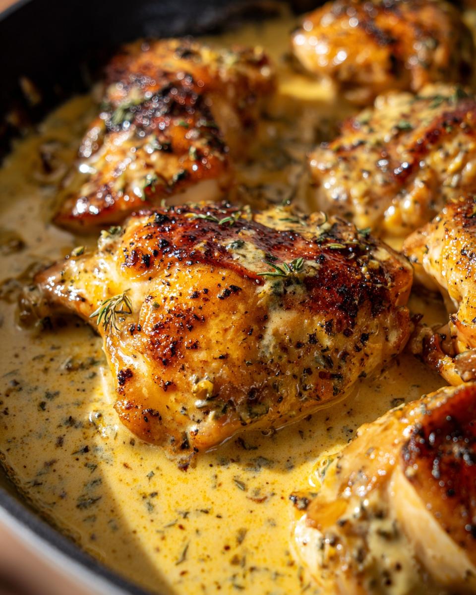 Close-up of seared chicken thighs simmering in a rich, creamy Dijon sauce with herbs.