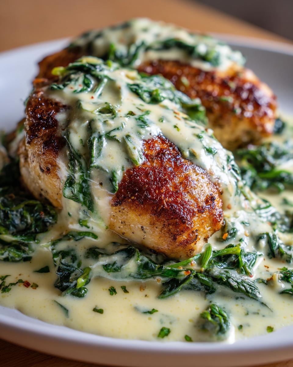 Close-up of perfectly seared chicken florentine breasts covered in a rich, creamy spinach sauce.