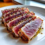 Four slices of perfectly seared tuna steak, crusted with peppercorns, showcasing a rare center from the MARINADE FOR TUNA STEAK.