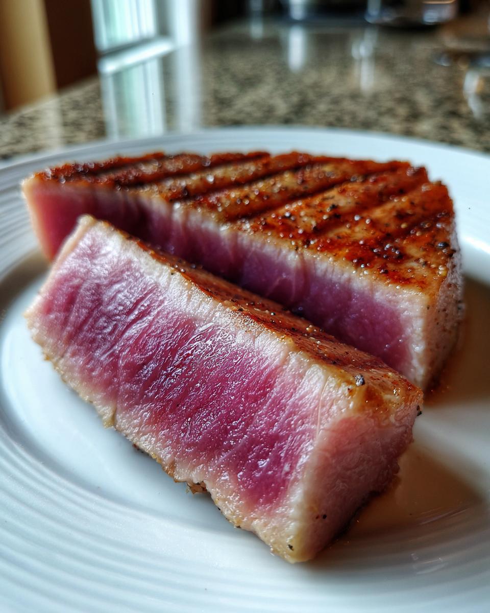 Two thick slices of seared tuna steak, showing a vibrant pink rare center, seasoned with pepper.