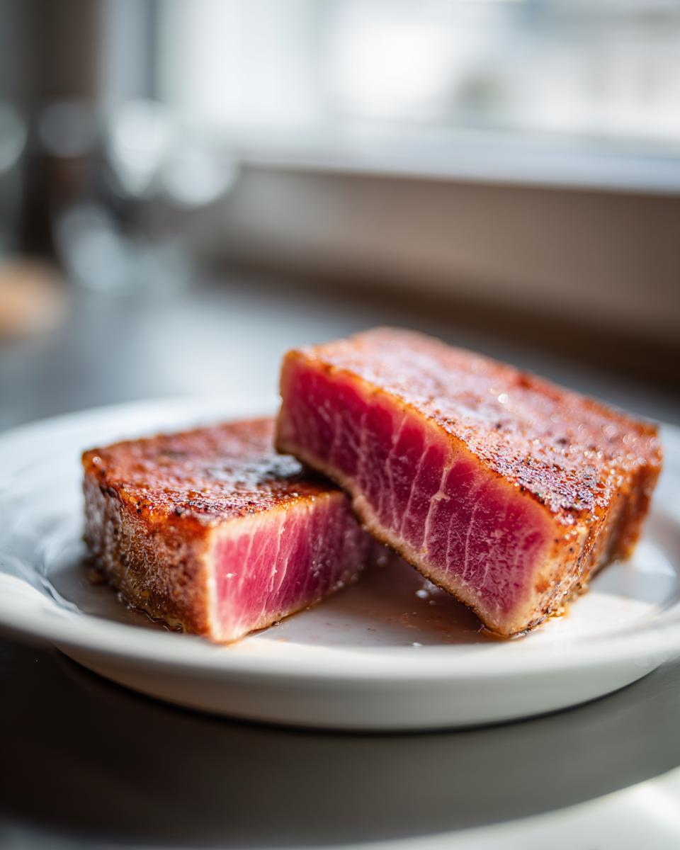 Two thick, perfectly seared tuna steak halves showing a bright pink, rare center, ready to eat.