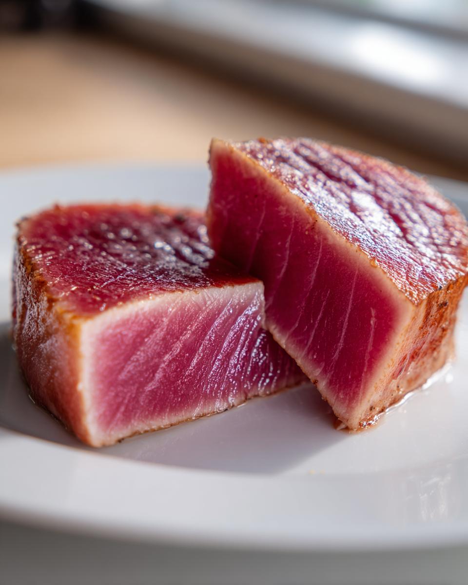 Two thick, perfectly seared tuna steak pieces showing a bright pink, rare center, ideal for a MARINADE FOR TUNA STEAK recipe.