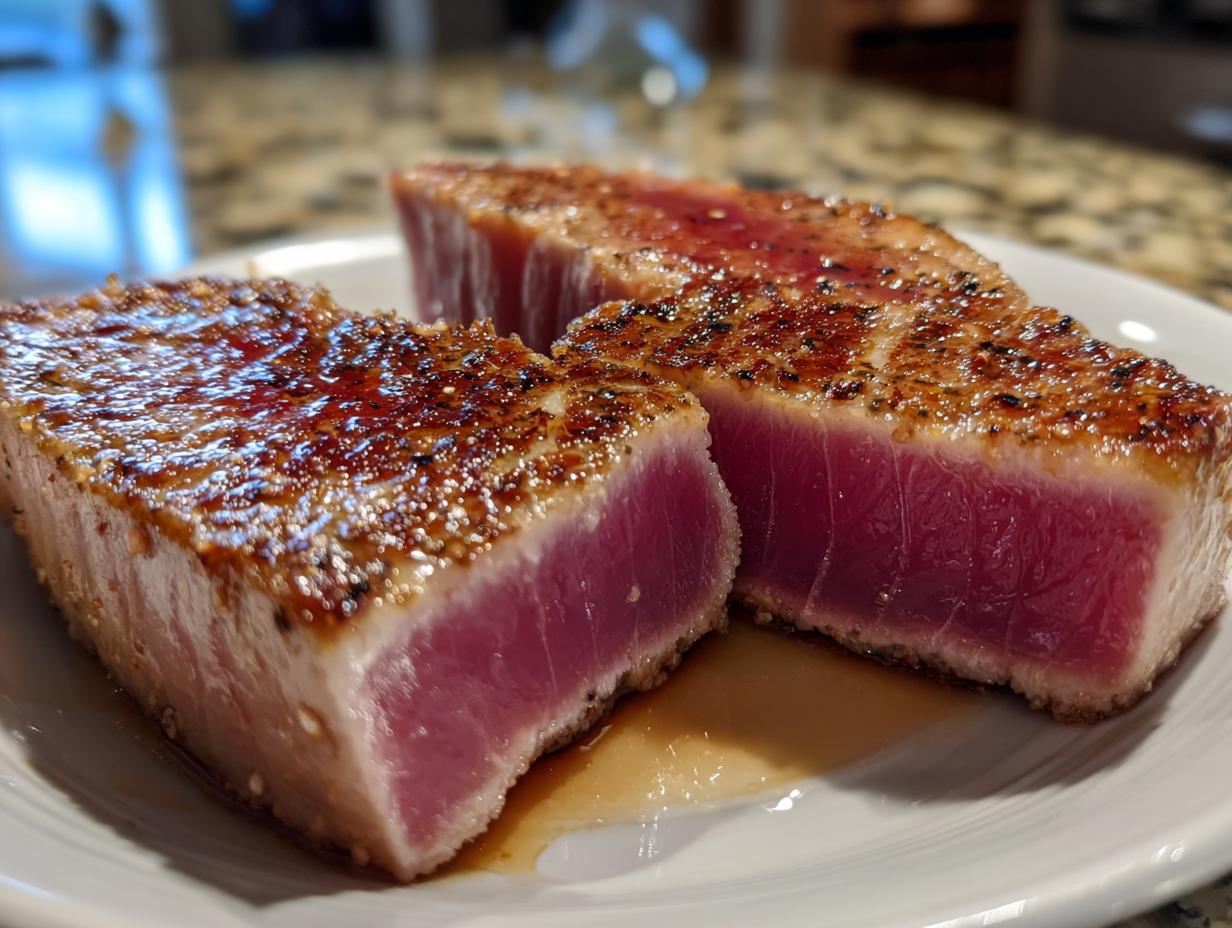 Two thick slices of seared tuna steak showing a deep pink, rare center, coated in a flavorful crust from the MARINADE FOR TUNA STEAK.
