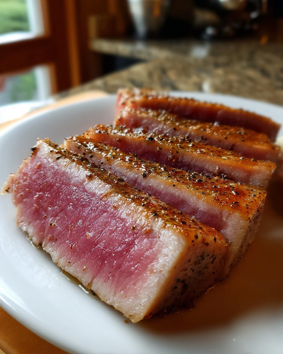 Close-up of seared tuna steak, sliced to show a bright pink, rare center and seasoned with black pepper, perfect for a MARINADE FOR TUNA STEAK.