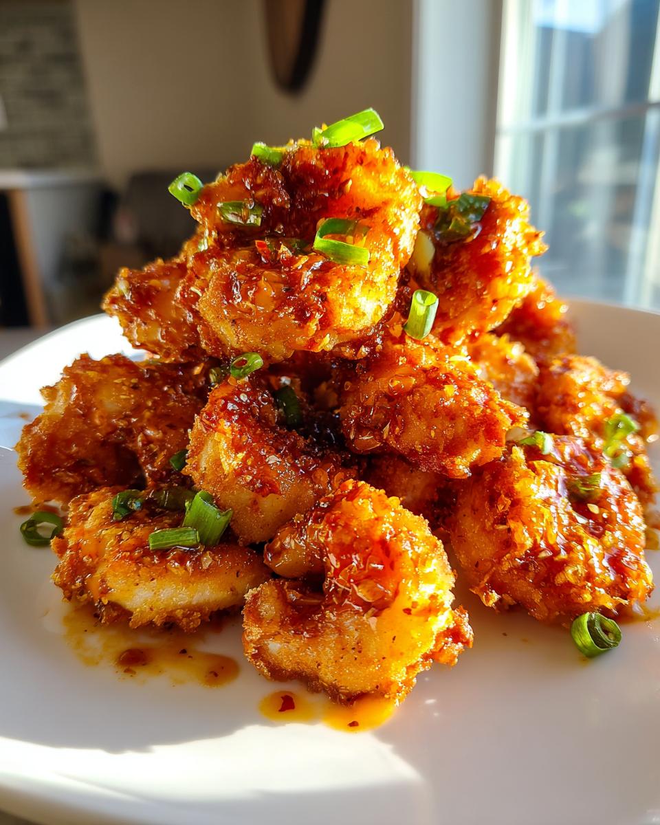 A close-up of crispy, saucy bang bang shrimp piled high on a white plate and garnished with green onions.