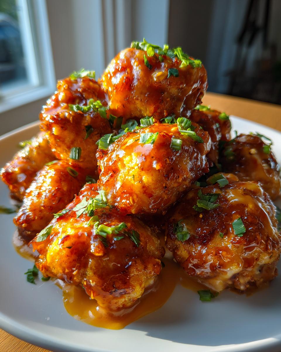 A stack of crispy, glazed bang bang shrimp pieces generously coated in sauce and topped with chopped green onions.