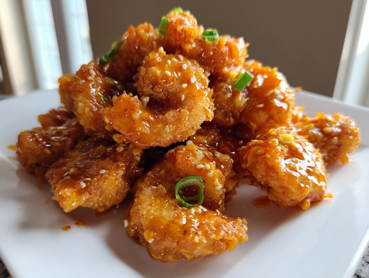 A close-up of crispy, saucy Bang Bang Shrimp piled high and garnished with sesame seeds and green onions.