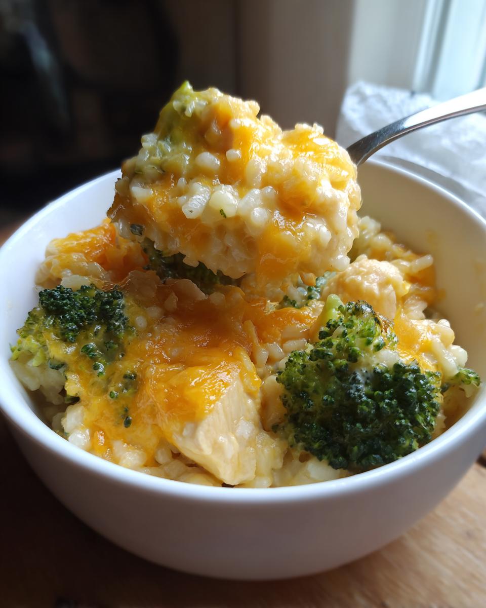 A spoonful of creamy chicken broccoli rice casserole topped with melted cheddar cheese being lifted from a white bowl.