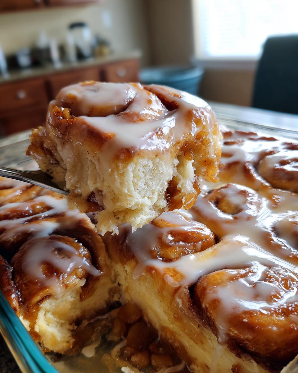 A fork lifts a gooey, iced portion of a cinnamon roll apple pie from the baking dish.