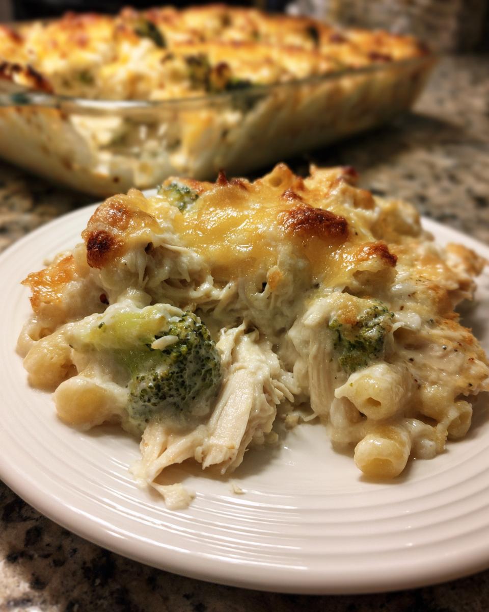 A close-up serving of creamy Chicken Divan featuring shredded chicken, broccoli florets, and a bubbly, browned cheese topping.