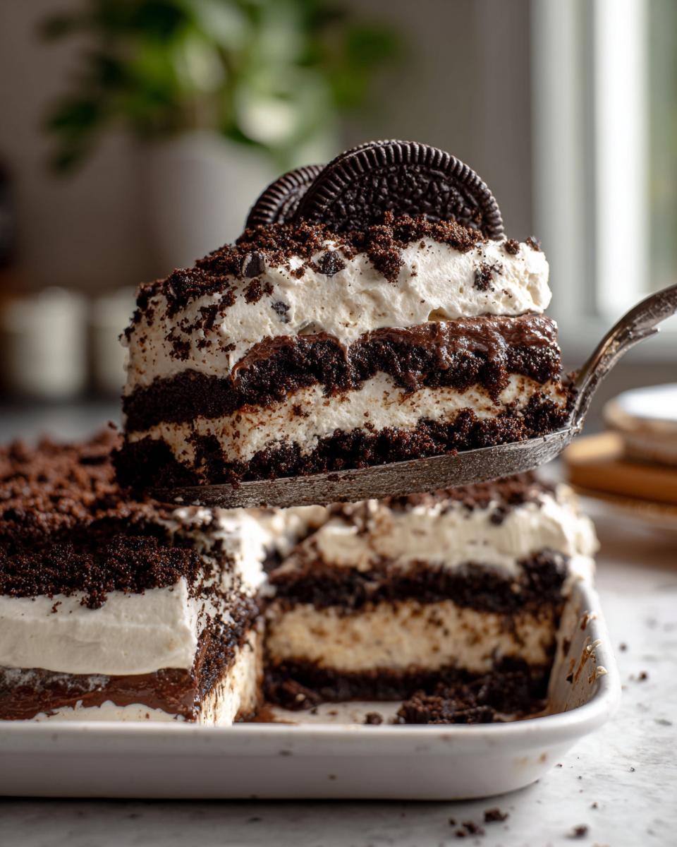 A slice of creamy Oreo dirt cake being lifted out of a white dish, showing distinct layers of chocolate cookie crumbs and cream filling.