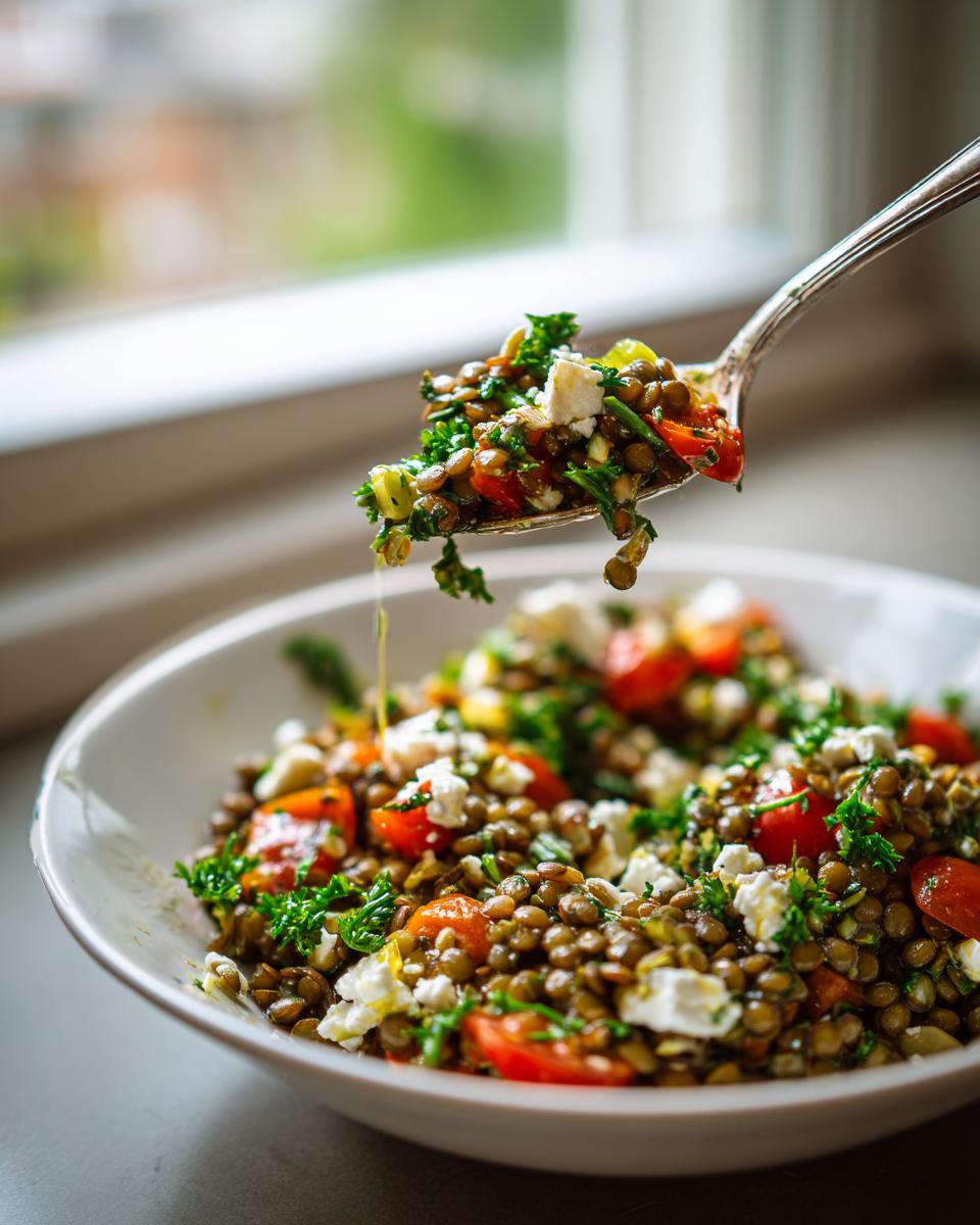 A silver spoon lifts a bite of vibrant lentil salad with feta and tomatoes above a white bowl.