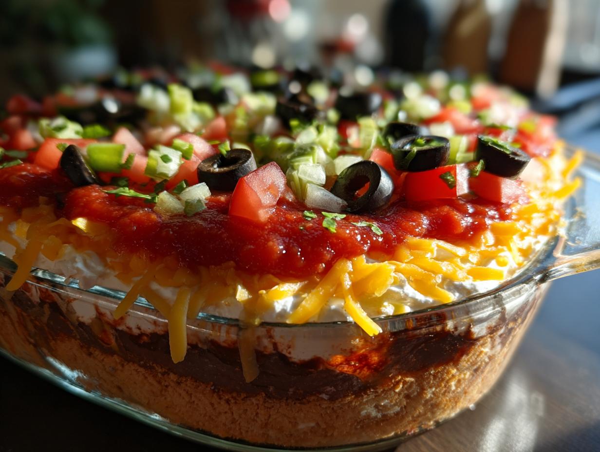 A close-up, angled view of a fully assembled Seven layer dip in a clear glass serving dish, topped with salsa, cheese, olives, and green onions.