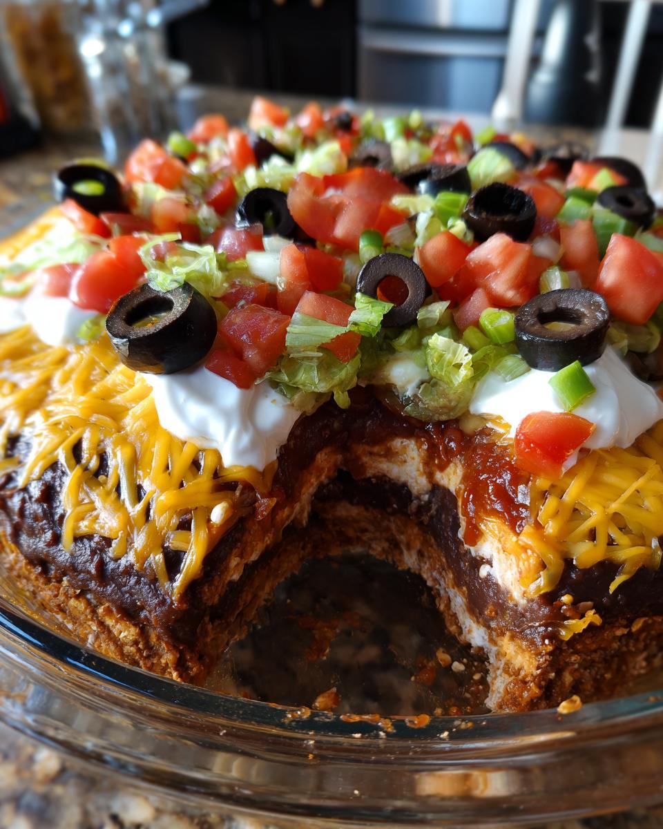 Close-up of a glass dish showing a cross-section of the layered Seven layer dip with toppings.