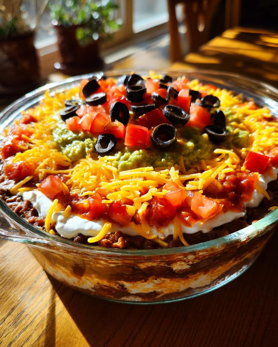 Close-up of a layered Seven layer dip in a clear glass bowl, topped with guacamole, cheese, tomatoes, and olives.