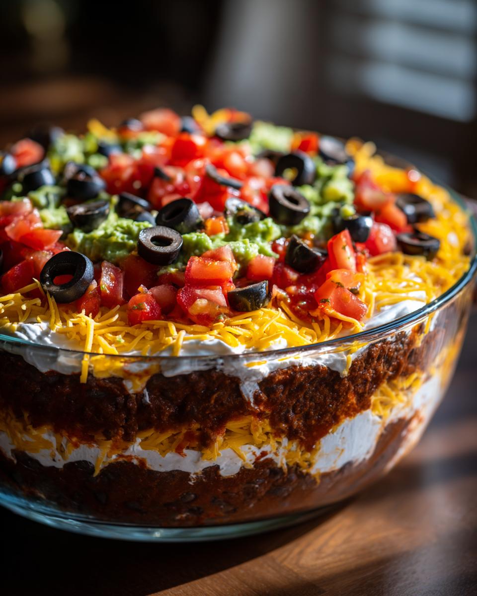 Close-up of a vibrant, layered Seven layer dip in a clear glass bowl, topped with guacamole, tomatoes, and black olives.