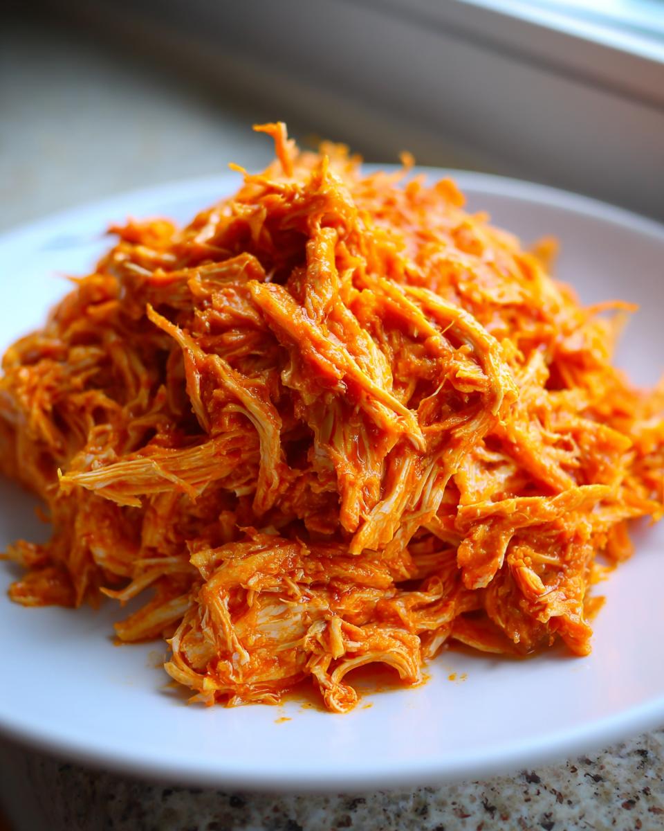 Close-up of a mound of bright orange, shredded buffalo chicken mixture served on a white plate.