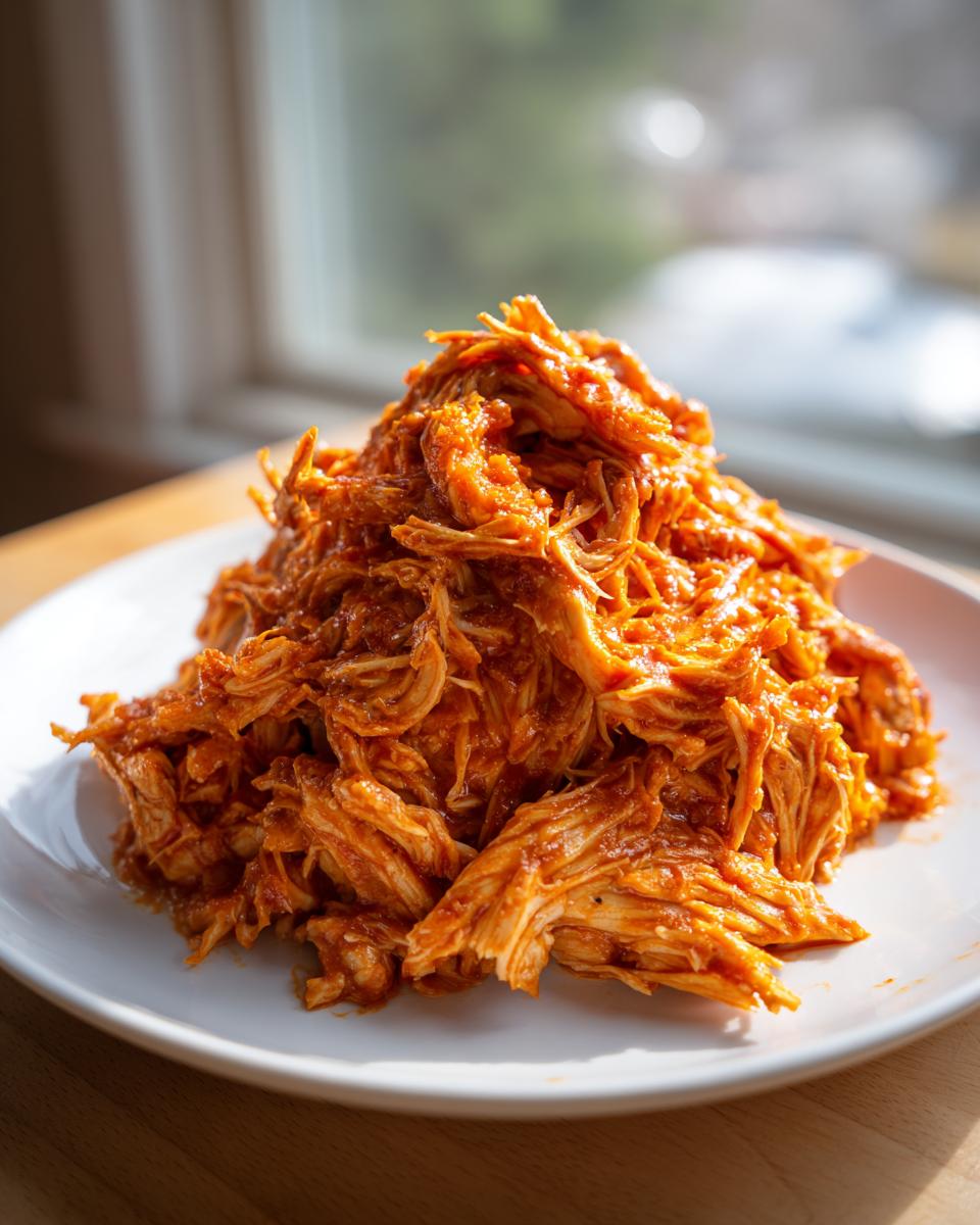A mound of saucy, shredded buffalo chicken piled high on a white plate, ready to serve.