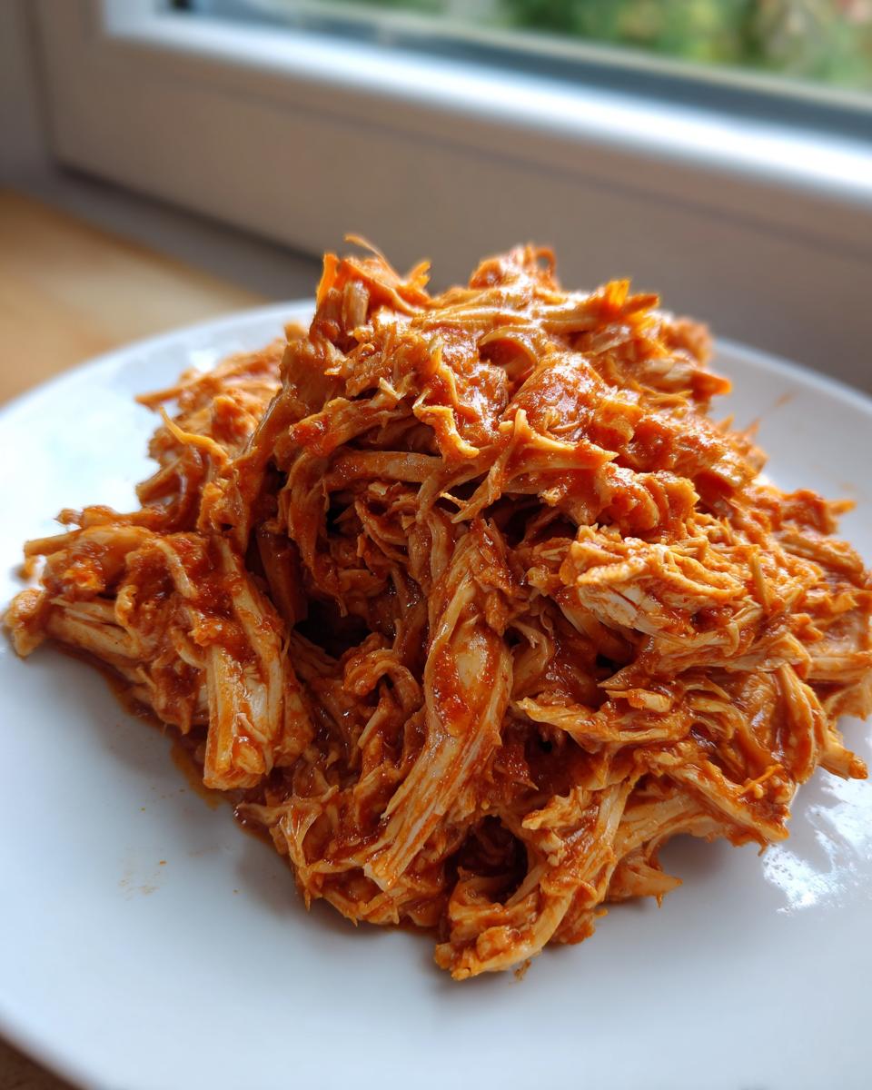Close-up of a mound of saucy, shredded buffalo chicken piled on a white plate.