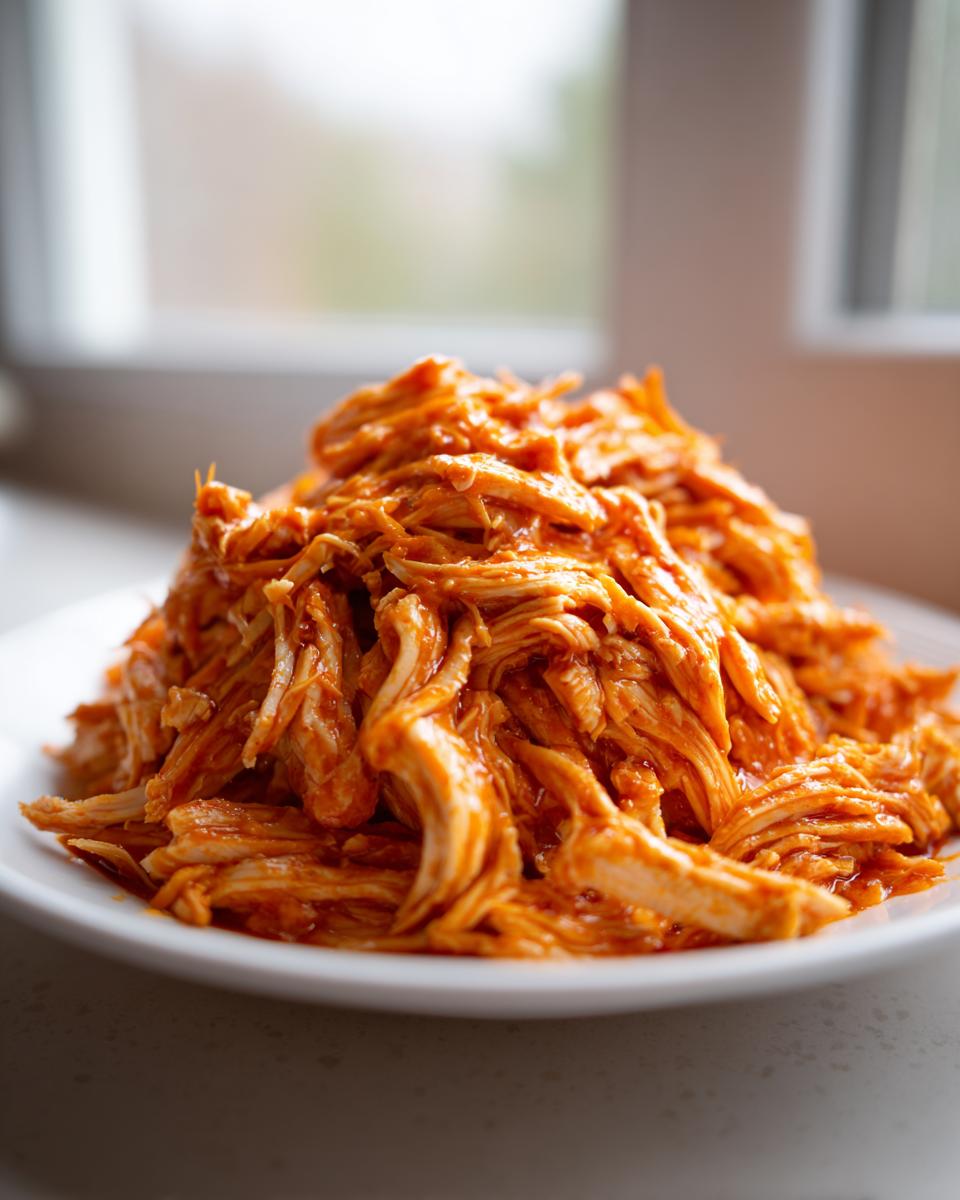 A close-up of a mound of saucy, shredded buffalo chicken piled high on a white plate.