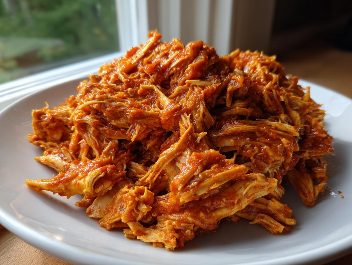 A close-up of shredded buffalo chicken coated in vibrant orange sauce piled high on a white plate.