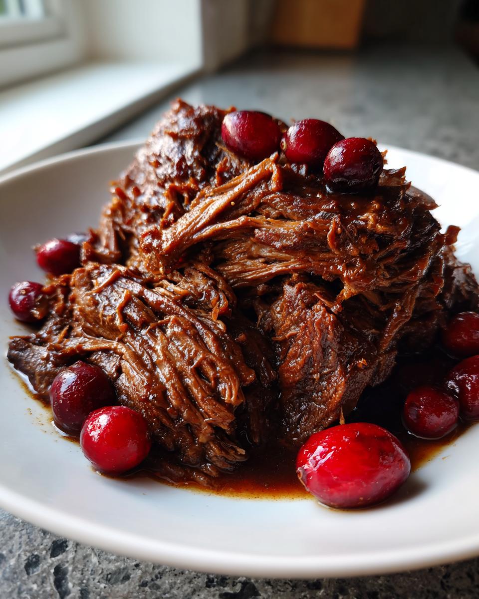 A close-up of tender, shredded cranberry pot roast served in a white bowl, garnished with bright red whole cranberries.