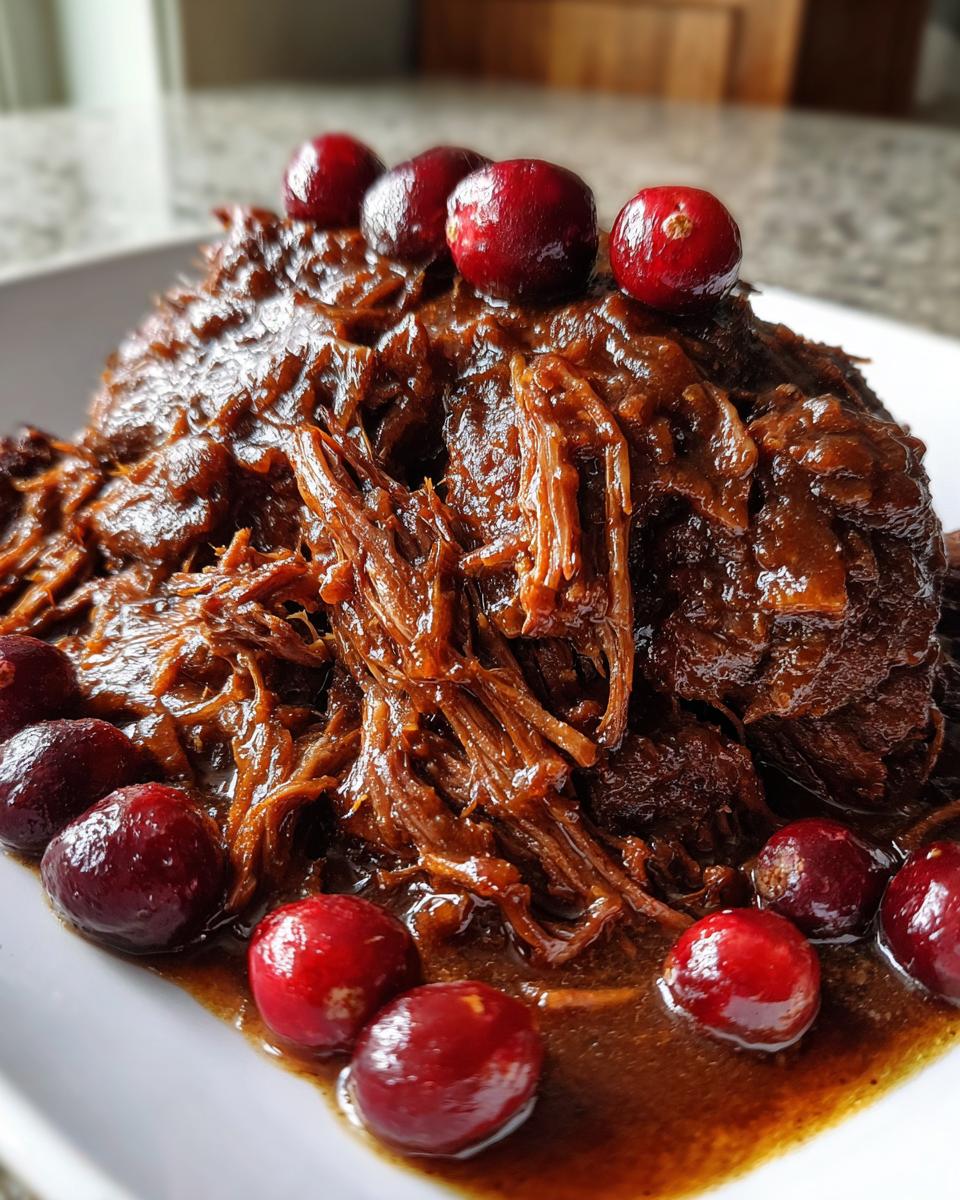 Close-up of tender, shredded cranberry pot roast covered in rich sauce and garnished with fresh red cranberries.