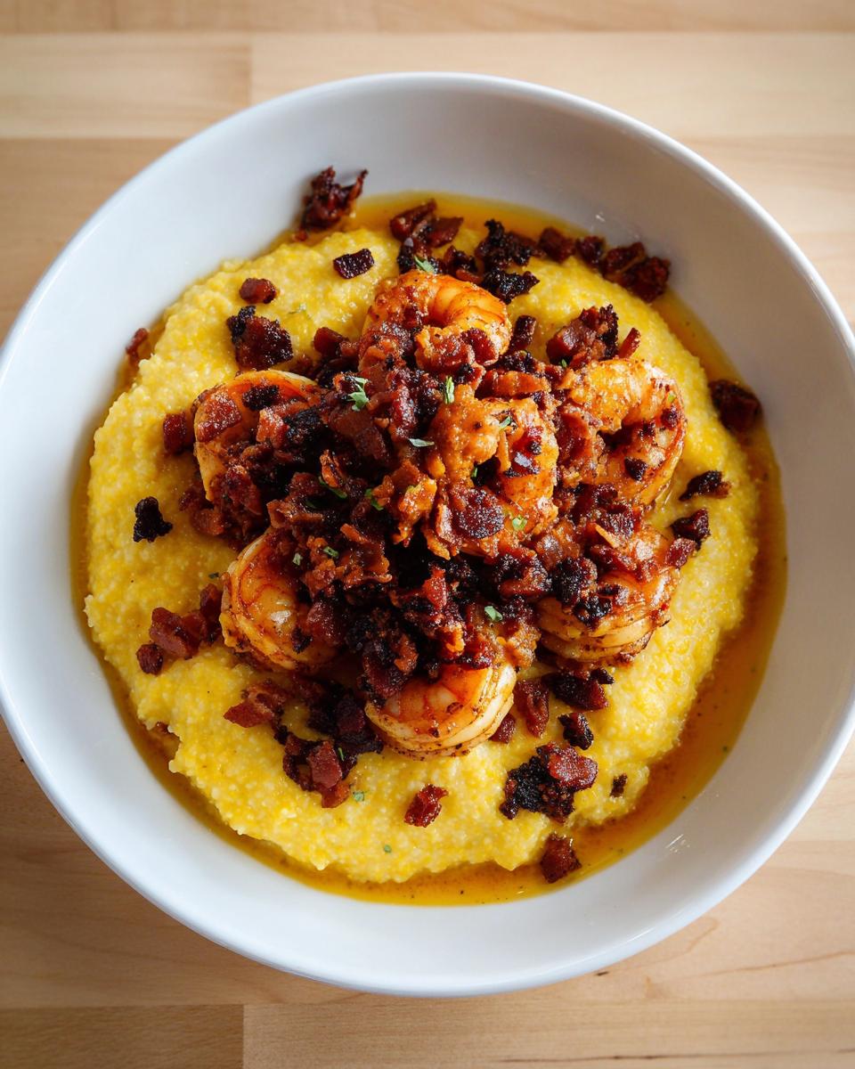 Overhead view of creamy yellow shrimp and grits topped generously with seasoned shrimp and crispy bacon bits.