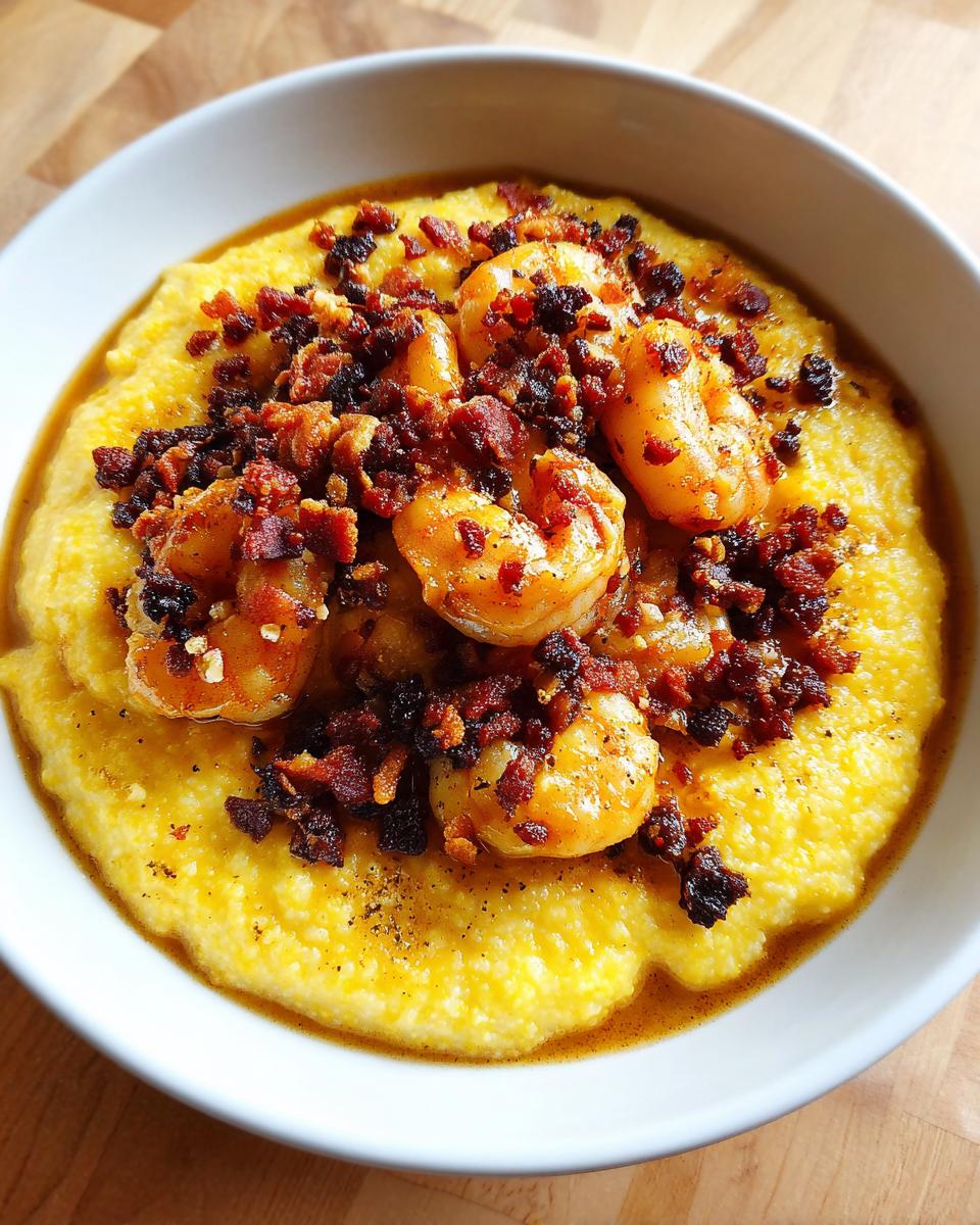 A close-up view of creamy, yellow shrimp and grits topped generously with seasoned shrimp and crispy bacon crumbles.