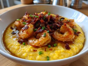 Close-up of creamy yellow shrimp and grits topped generously with seasoned shrimp and crumbled bacon.