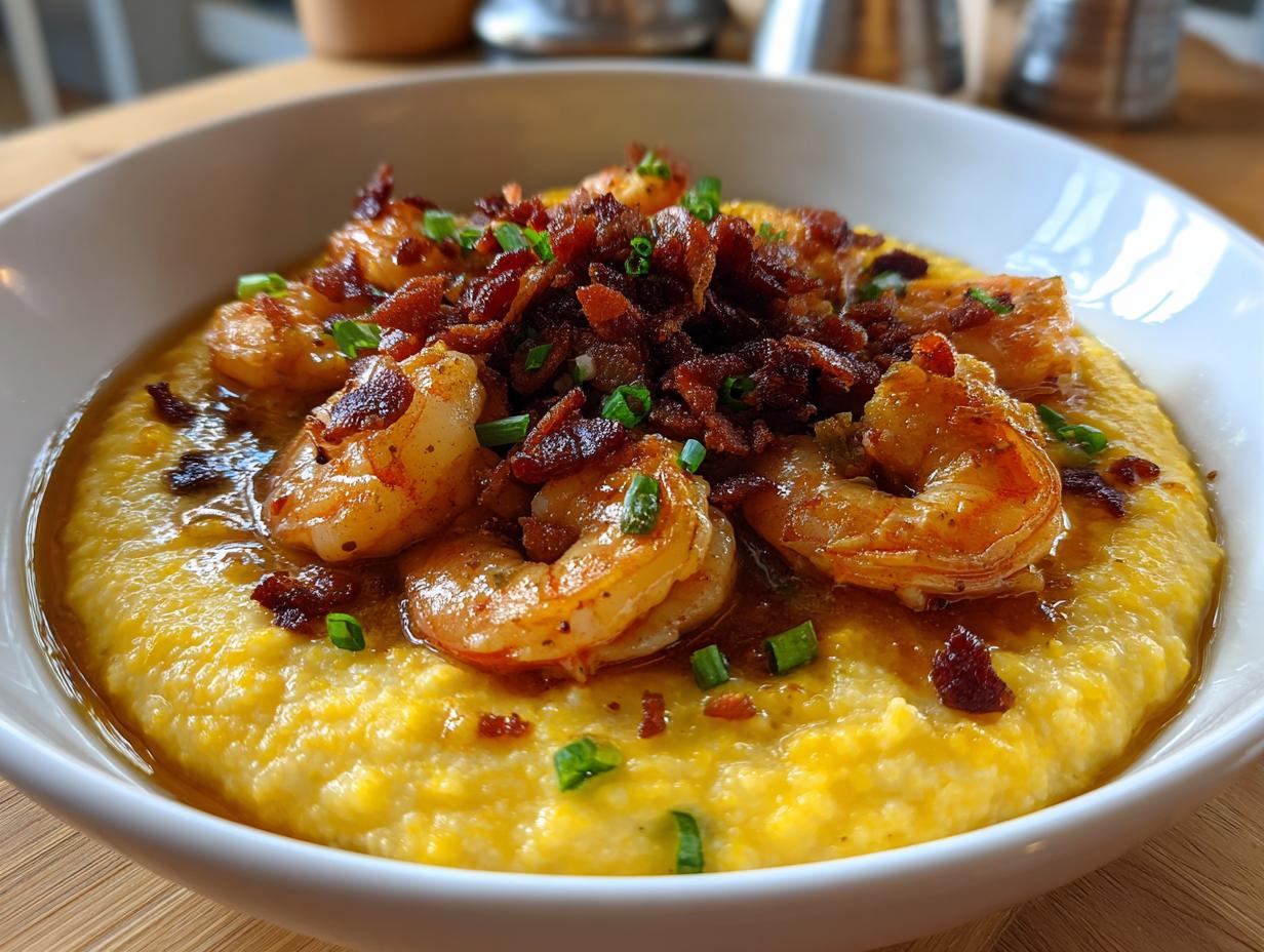 Close-up of creamy yellow shrimp and grits topped generously with seasoned shrimp and crumbled bacon.