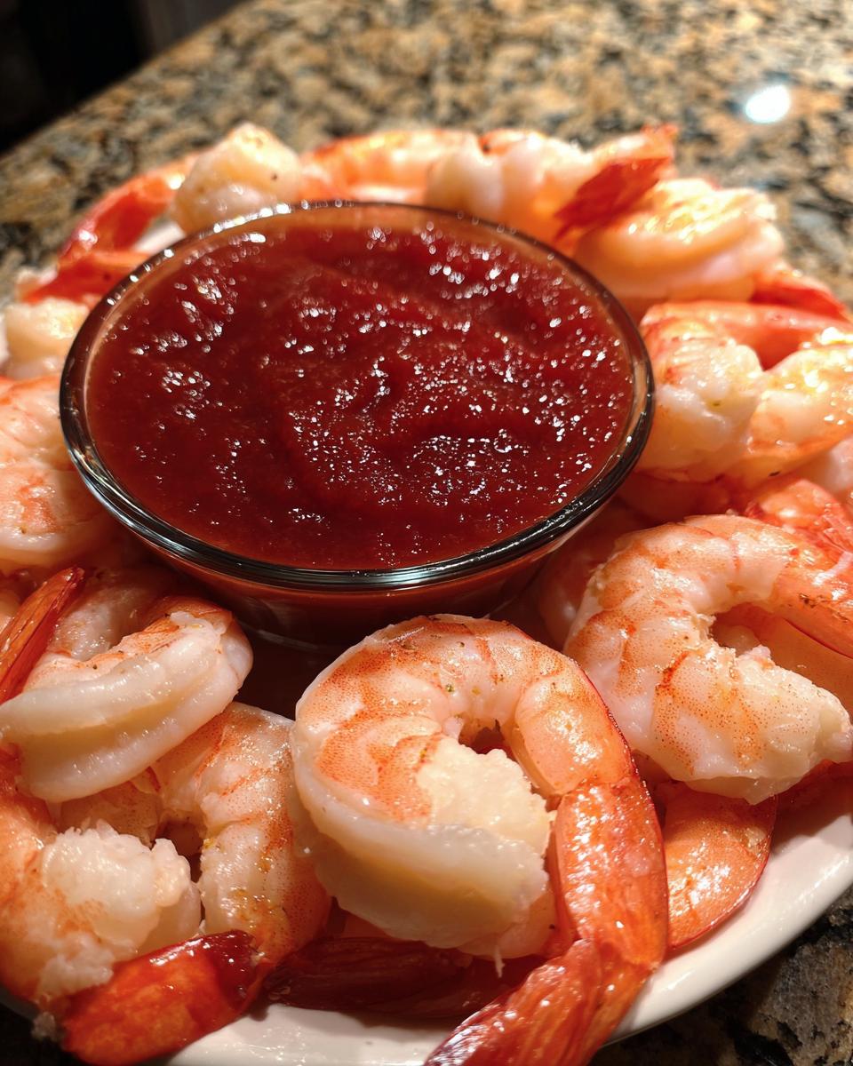 A plate of chilled, cooked shrimp surrounding a glass bowl of zesty red cocktail sauce for shrimp cocktail.