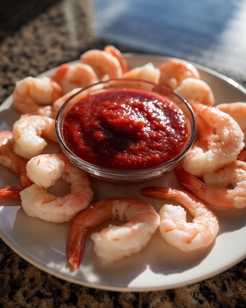 A plate of chilled, cooked shrimp arranged around a central glass bowl of zesty shrimp cocktail sauce.
